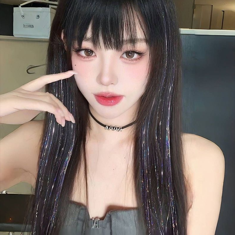 Colorful Laser Silk Ear-Dyed Y2K Wig for Women, Sweet and Cool Music Festival Idol Girl Group Same Style Long Straight Hair One Piece