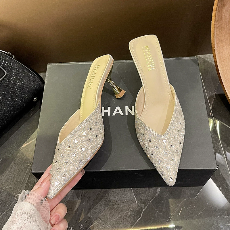 2025 новый летний сетчатый красный стразы полутапочки Баотоу холодные тапочки на высоком каблуке женские модные каблуки