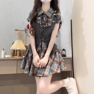 French Preppy Style Blue Plaid Dress for Women Summer 2025 New Sexy Waist Short Skirt Suit