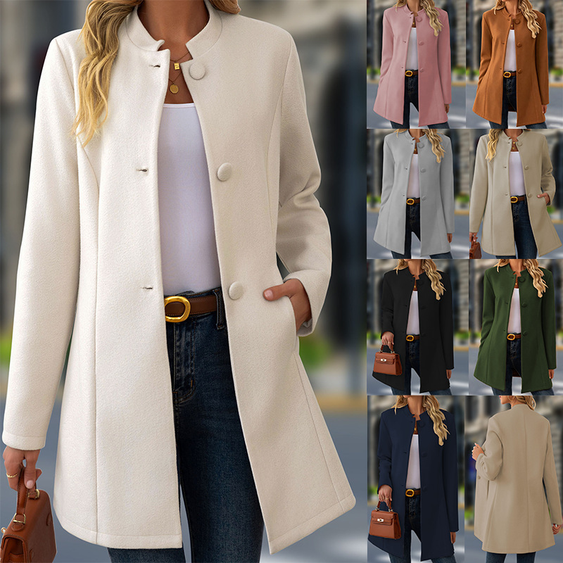 Women's Casual Small Stand Collar Long Woolen Outwear 2025 Cross-Border Amazon Autumn and Winter New Outwear Independent Women's Casual Small Stand Collar Long Woolen Outwear 2025 Cross-Border Amazon Autumn and Winter New Outwear Independent