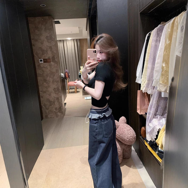 2026 Spring/Summer New Korean Style Hollow Out Backless T-Shirt Top Versatile Fake Two-Piece Lace Trim Denim Pants Set
