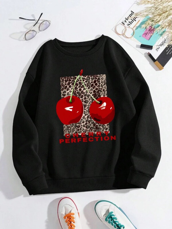 Leopard and Cherry Sweatshirts Women's Fresh Fruit Print Hoodie Loose Warm Round Neck