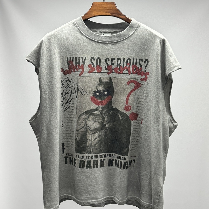 American Retro Spoof Batman Print Washed Sleeveless T-Shirt for Men and Women Heavy Brushed Vintage Loose Vest