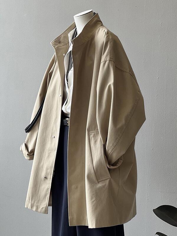 Khaki Japanese-style stand-collar trench coat for women, summer and spring, new quilted design, solid color, vintage, loose, mid-length coat Khaki Japanese-style stand-collar trench coat for women, summer and spring, new quilted design, solid color, vintage, loose, mid-length coat
