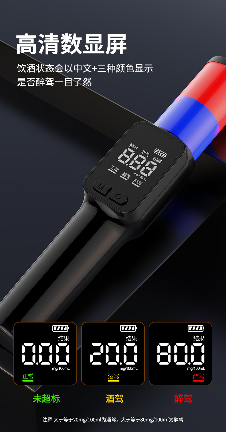 Portable Mini Handheld Red and Blue Stick Alcohol Tester, Bilingual Breathalyzer, Non-Contact Drunk Driving Test