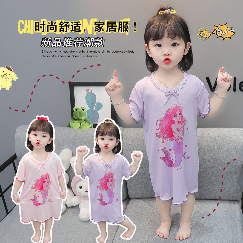 Niños pijamas de seda hielo verano niñas delgadas Camisón estilo occidental moda transpirable hogar desgaste lindo Super lindo aire acondicionado ropa image 3