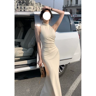 法式立领连衣裙女装新款无袖气质包臀褶皱长裙名媛晚会宴会礼服裙