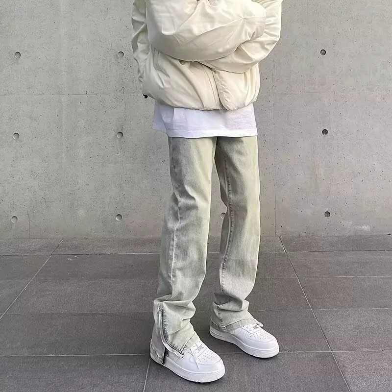 Внешняя торговля США High Street vibe Ретро вымытые в старой желтой грязи окрашенные молнией с открытой вилкой джинсы мужские прямые брюки