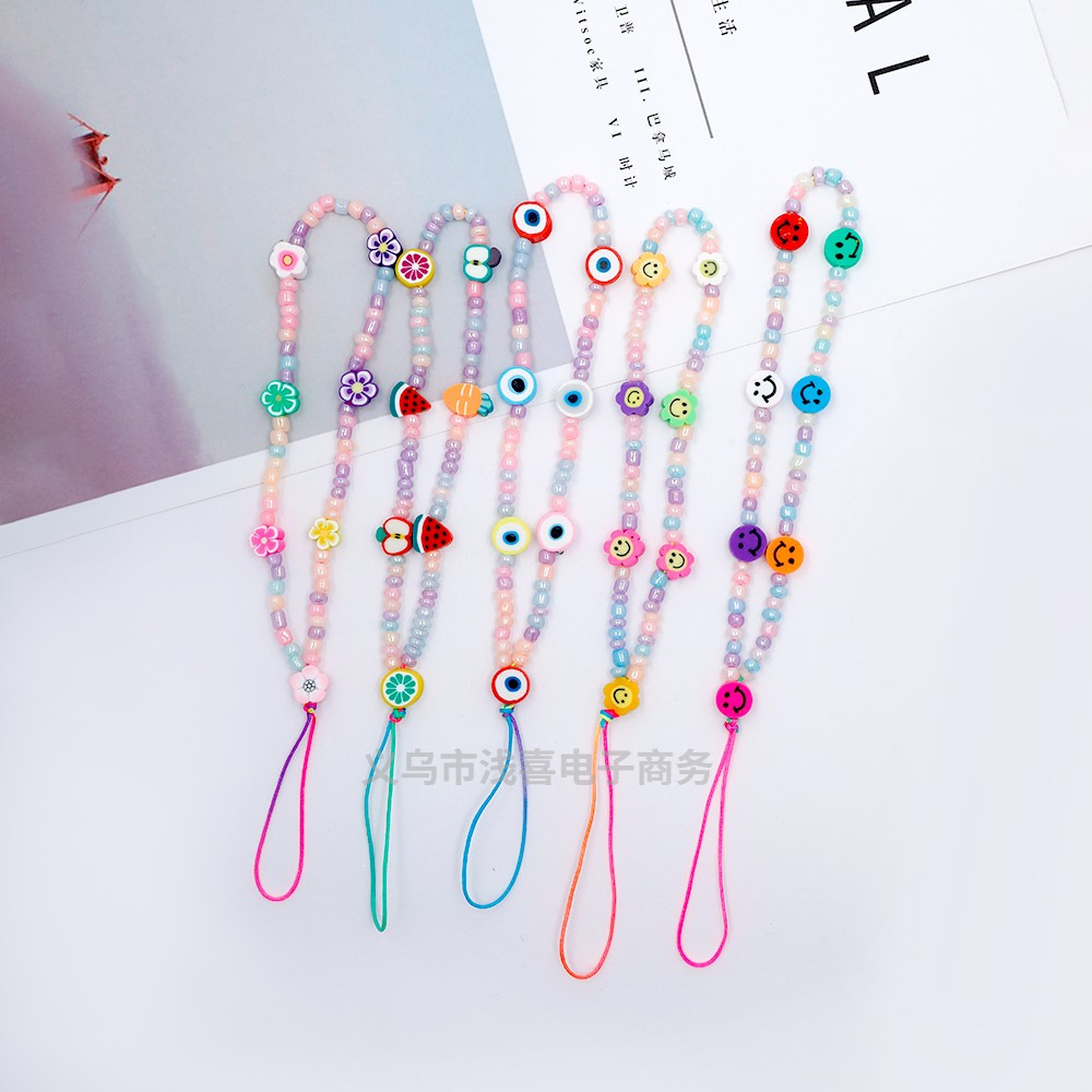 European and American Style Colorful Seed Bead Phone Chain with Soft Clay Flowers, Fruit, and Heart Charms, Phone Lanyard for Women, Ins Style