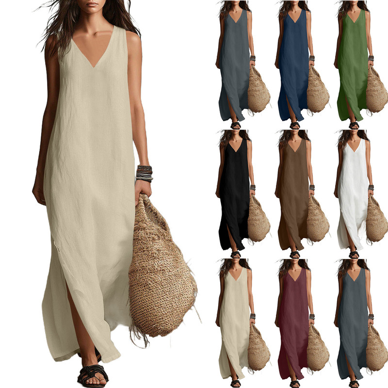 2026 Summer European and American Amazon Cross-Border New Style Loose Sleeveless V-Neck Solid Color Cotton and Linen Casual Long Dress 2026 Summer European and American Amazon Cross-Border New Style Loose Sleeveless V-Neck Solid Color Cotton and Linen Casual Long Dress