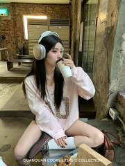 圈圈cooky 洛杉矶vibe 美式复古设计感长袖卫衣粉色纹字母T恤上衣