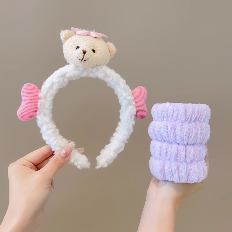 Lindo Rosa lavado de cara banda de pelo de las mujeres a prueba de humedad banda de muñeca banda de pelo absorbente de tres piezas conjunto máscara facial diadema especial