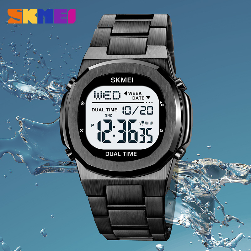 Skmei cronómetro de Cuenta regresiva multifunción para hombres reloj electrónico reloj deportivo impermeable correa de acero para hombres reloj digital