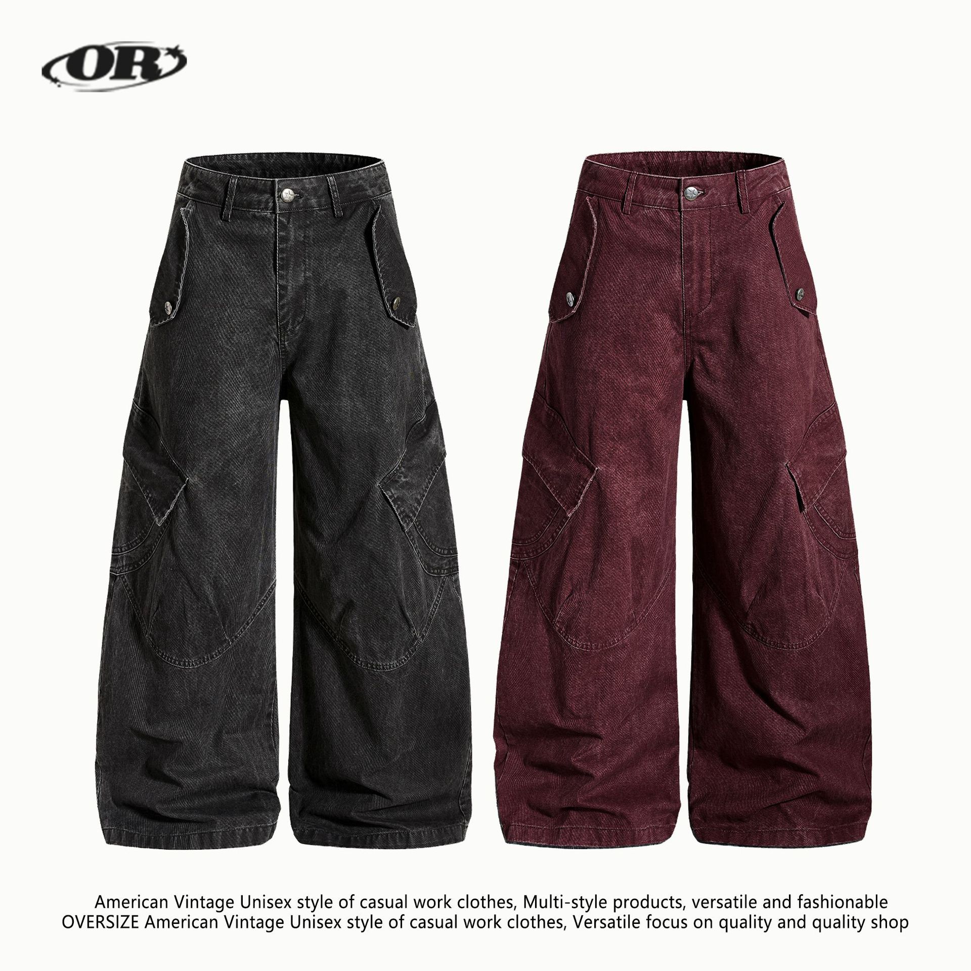 OREETA 美式水洗做旧弯刀工装裤男女可穿潮牌复古vintage阔腿长裤