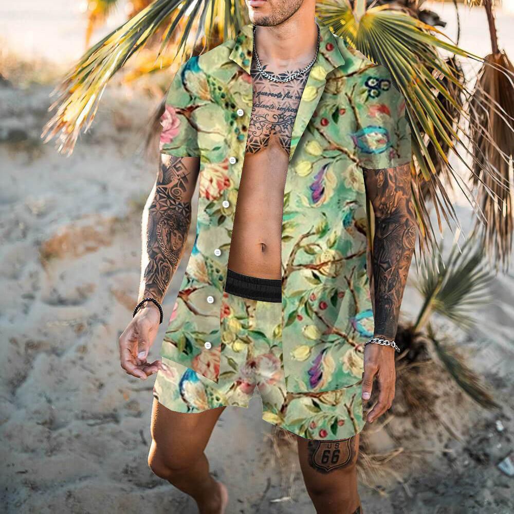 유럽 ​​사이즈 남성 캐주얼 정장 한국 스타일 슬림 반팔 셔츠 남성 비치 정장 대외 무역