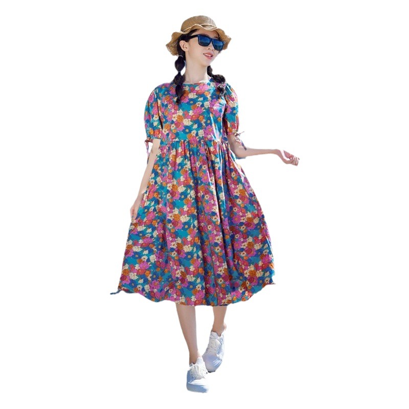 Vestido para niñas de manga corta Verano 2024 nuevo vestido de princesa artística suelta con estampado de flores para niños medianos y grandes