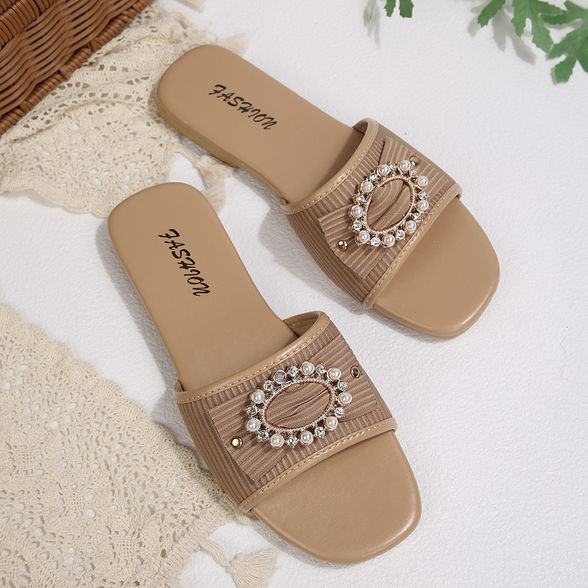 Zapatillas Planas de Punta Cuadrada para Mujer de Plástico y Tela, Cómodo, Suela Plana, para Uso Casual