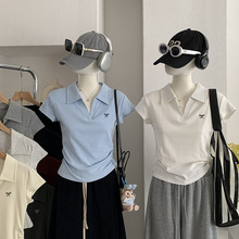 欧玛莱 刺绣蝴蝶结polo领正肩短袖T恤女春夏季褶皱收腰上衣潮6118