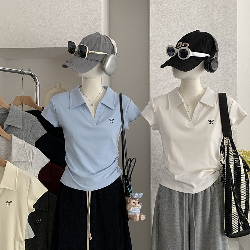 欧玛莱 刺绣蝴蝶结polo领正肩短袖T恤女春夏季褶皱收腰上衣潮6118