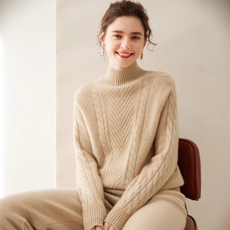 2024 Autumn/Winter New Women's Cashmere Sweater, Half-Turtleneck, Thickened Alpaca Wool, Loose and Cozy Large Cable Knit Base Sweater 2024 Autumn/Winter New Women's Cashmere Sweater, Half-Turtleneck, Thickened Alpaca Wool, Loose and Cozy Large Cable Knit Base Sweater