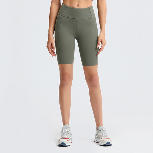 Cross-border new solid color side pocket quarter yoga pants brushed nude running fitness sports shorts