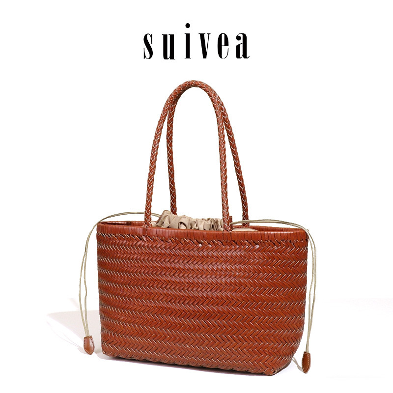 Influencer Style Genuine Leather Woven Basket Bag - Minimalist Large Capacity Versatile Shoulder Handheld Tote Bag For Women - Thumbnail 3