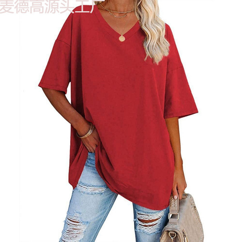 European and American Women's Spring/Summer Colorful Loose-Fit Half-Sleeve V-Neck Cotton Cinched Top