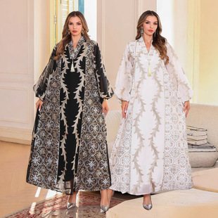 New In-Stock Heavy Mesh Embroidery Robe Middle Eastern Clothing Xinjiang Dubai Festival Abaya Muslim Robe