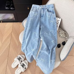 Bow print design sweet and spicy jeans women's summer new high waist slim straight pants fashion long pants
