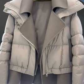 韩系毛呢拼接灰色西装短款羽绒棉服女2025冬新款新品感炸街厚外套