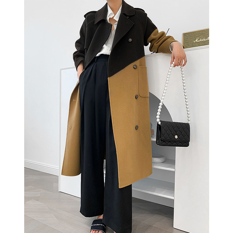 Women's Contrast Stitching Mid-length Woolen Coat Jacket Image 5