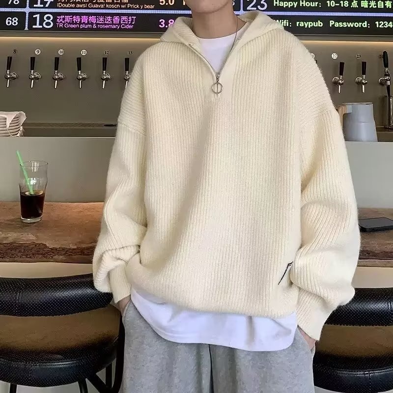 Men's knitted solid color casual sweater with zipper with hood