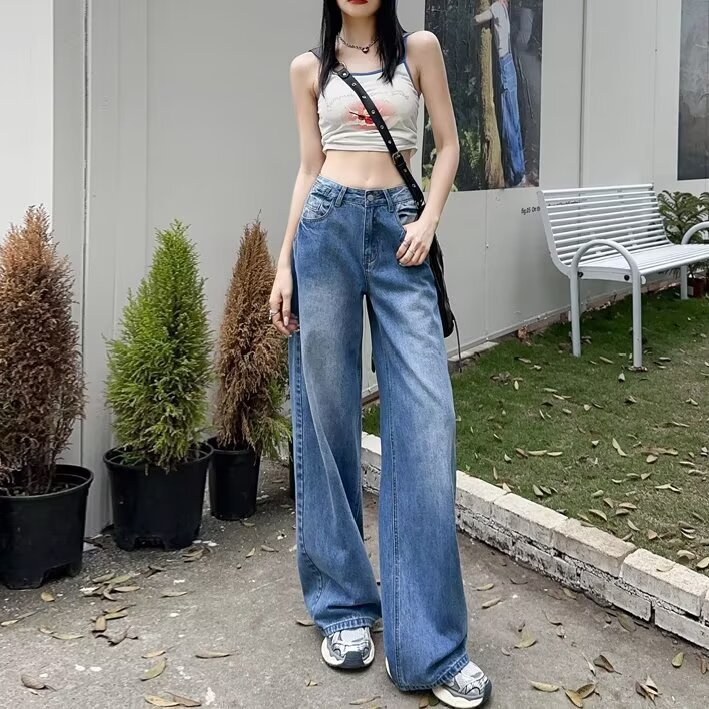 Retro Blue Low-Waist Wide-Leg Jeans for Women 2025 Summer New Loose Straight Slimming Look Draped Floor-Length Pants