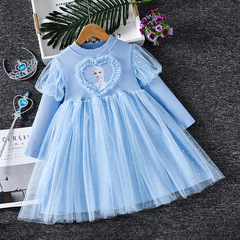 Elsa's Ice Queen Autumn Dress 2024 New Children's Net Dress Gown Fall Wear Princess Dress Trendy
