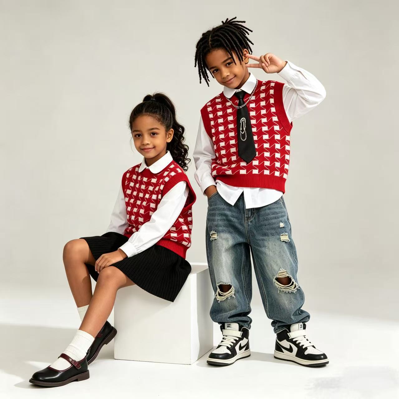 Children's 2026 Autumn/Winter New Style Sweater Knitted Vest Korean Style Round Neck Red Plaid Vest and Jeans Two-Piece Set