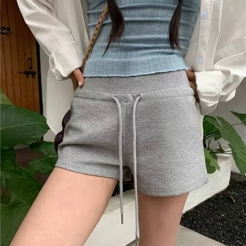 萝卜大叔灰色运动短裤女夏2025新款高腰抽绳修身设计感休闲热裤子
