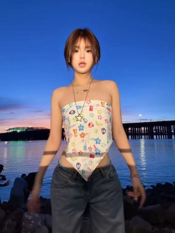 彩色夏日满印小糖果抹胸背心女夏外穿内搭海边度假风辣妹方巾上衣|undefined