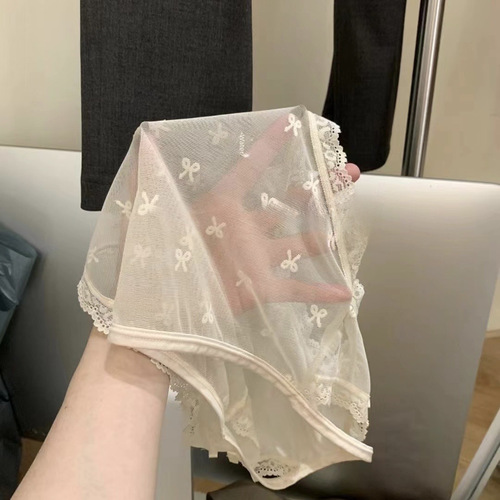 Pure style French translucent lace underwear for women with bow high elasticity and sexy pure cotton crotch women briefs