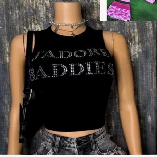 J'ADORE BADDIES Sleeveless Tank Top With Rhinestone Lettering, Fitted, Cropped, Short Style A Chic Look For Women._ecoleips.com