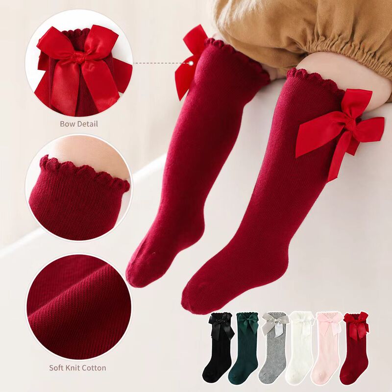 Baby Socks Spanish Style with Large Bow for Girls, Students, Princesses, Pure Cotton Long Socks with Loose Cuffs