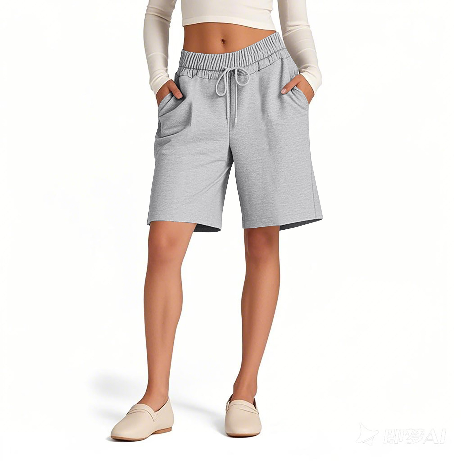 Loose Fit Women's Shorts Elastic Waist Solid Colour Casual Style_voghion.com