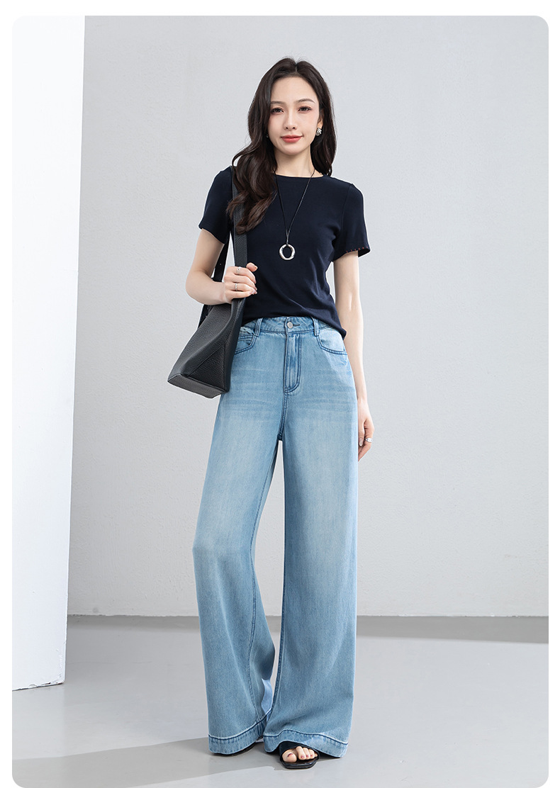 Quần jean ống rộng nữ eo cao dáng suông dài chấm đất chất lụa tencel mỏng mùa hè — Màu xanh - Chiều dài quần thông thường khoảng 103cm chi tiết 23