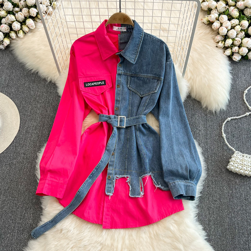 Retro Hong Kong Style Waistband with Belt Color Block Denim Shirt for Women Spring New Chic Casual Mid-Length Top