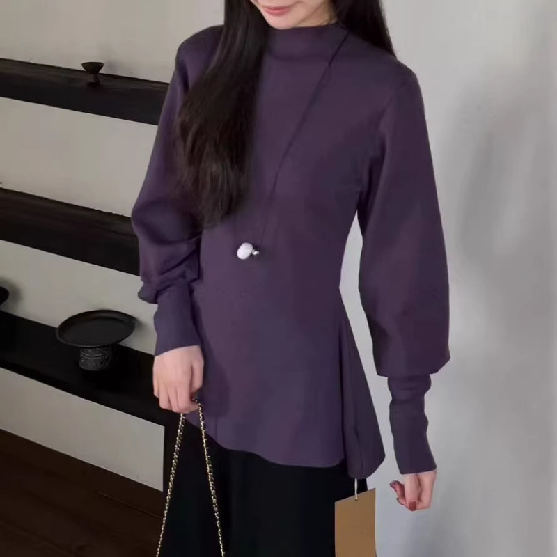 2025 French-Style Half-High Collar Lantern Sleeve Sweater Knitwear for Women, Autumn and Winter, Stunning Waist-Cinching, Lazy Style Top with Round Neck