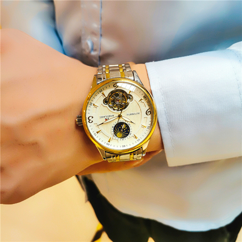 AOKULASIC hueco-hacia fuera transparente inferior luminoso Tourbillon reloj mecánico automático moda reloj de los hombres de moda 1922
