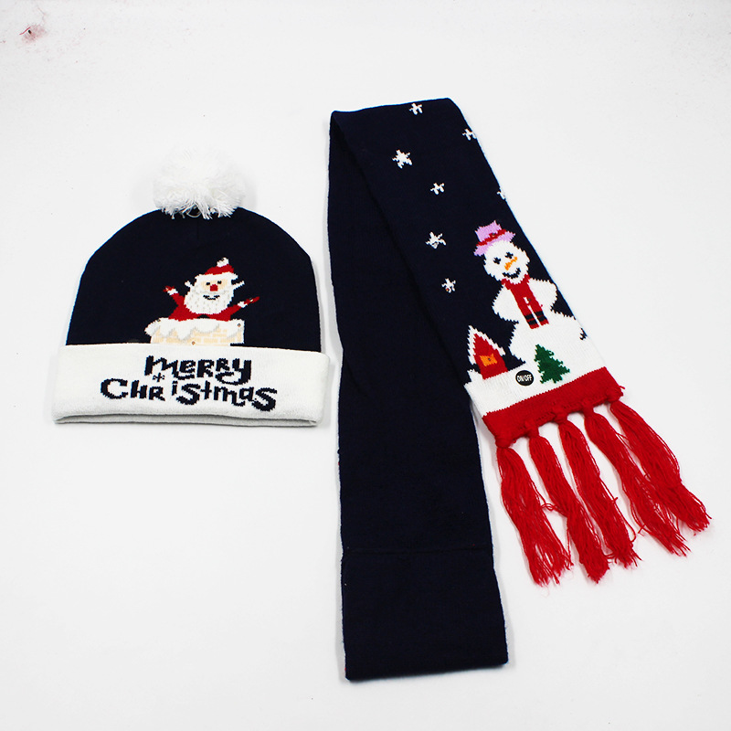 Fabricante transfronterizo de gorros navideños europeos y americanos tejidos en jacquard, gorros navideños de lana con luces LED, gorros navideños con pompón y bufandas. image 58