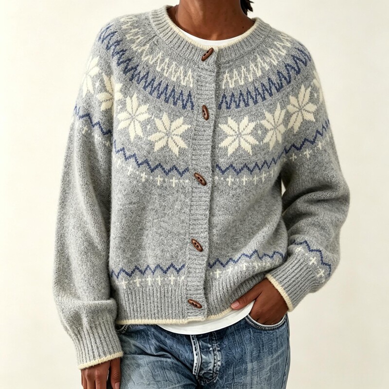 New European and American Autumn/Winter Women's Jacquard Knit Round Neck Cardigan, Loose Fit, Color Block, Snowflake Button Sweater