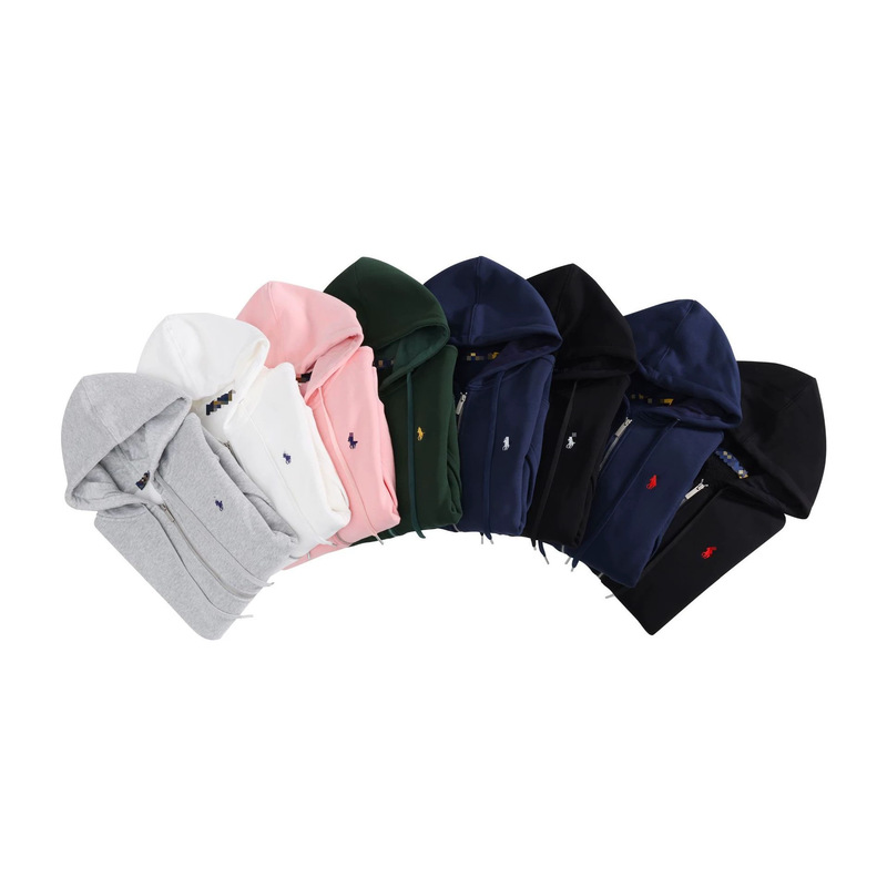 Cross-Border Exclusive Supply of Rl Men's Pure Cotton Hooded Sweatshirt, Zip-Up Cardigan, Solid Color Embroidered Pony Logo, Foreign Trade Casual Hoodie