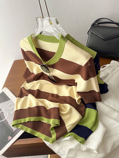 Foreign Trade Women's Clothing 30-Count Double-Curved Yarn Contrasting Stripesd Short-Sleeved T-Shirt Women's Cool Knitted Top Summer New Style