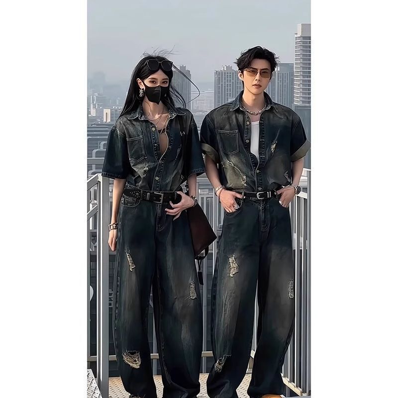 Summer Ripped Jeans Paired with a Complete Set of American Retro Denim Short-Sleeved Shirts for Boys to Wear Cool and Handsome Outfits